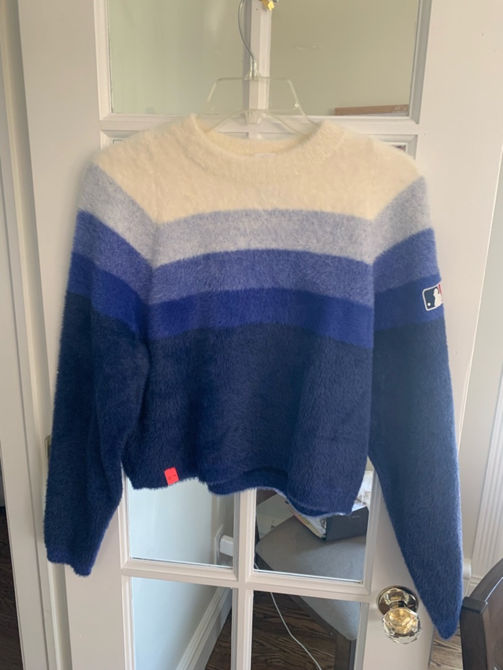 Lusso MLB Navy & Cream Striped Fuzzy Crewneck Sweater